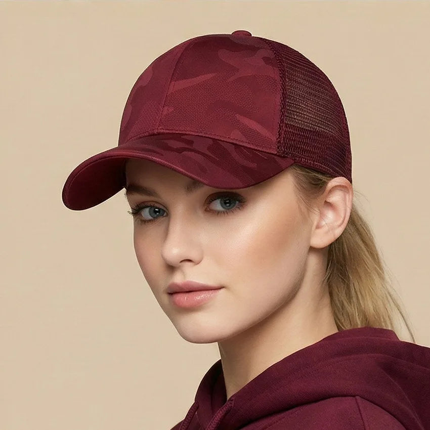 Summer camouflage baseball cap with loose ponytail ventilation mesh cap for outdoor sports