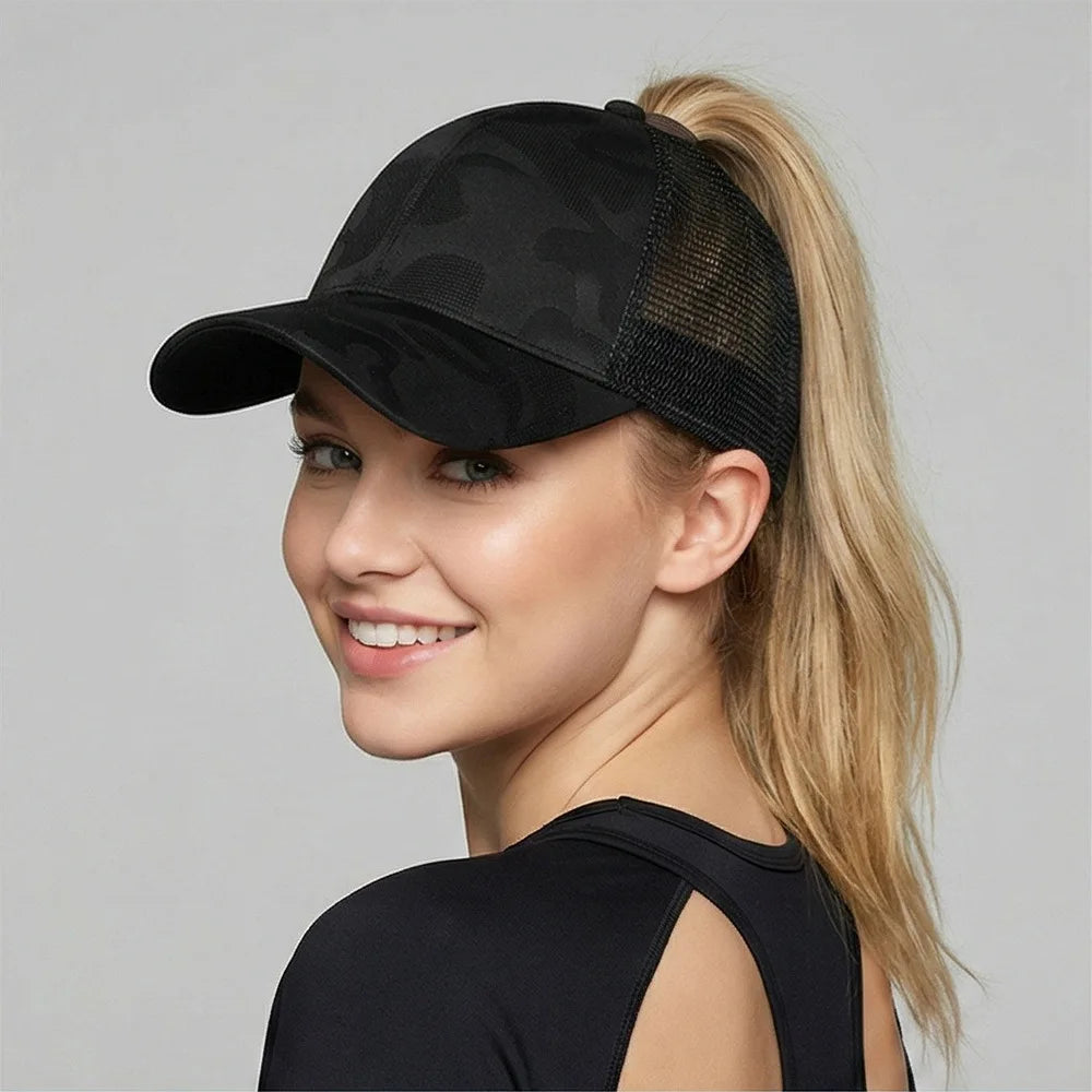 Summer camouflage baseball cap with loose ponytail ventilation mesh cap for outdoor sports